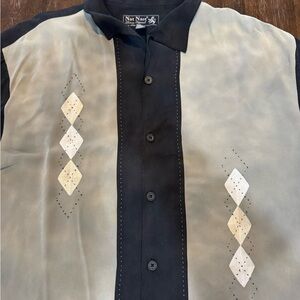 Nat Nast Luxury Originals Silk Bowling Shirt Black Tan Argyle Mens XXL
